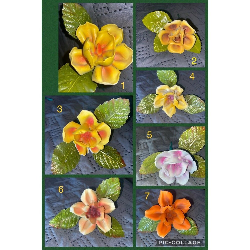 Vintage Lot Of 7 Ceramic Flowers With Metal Leaves